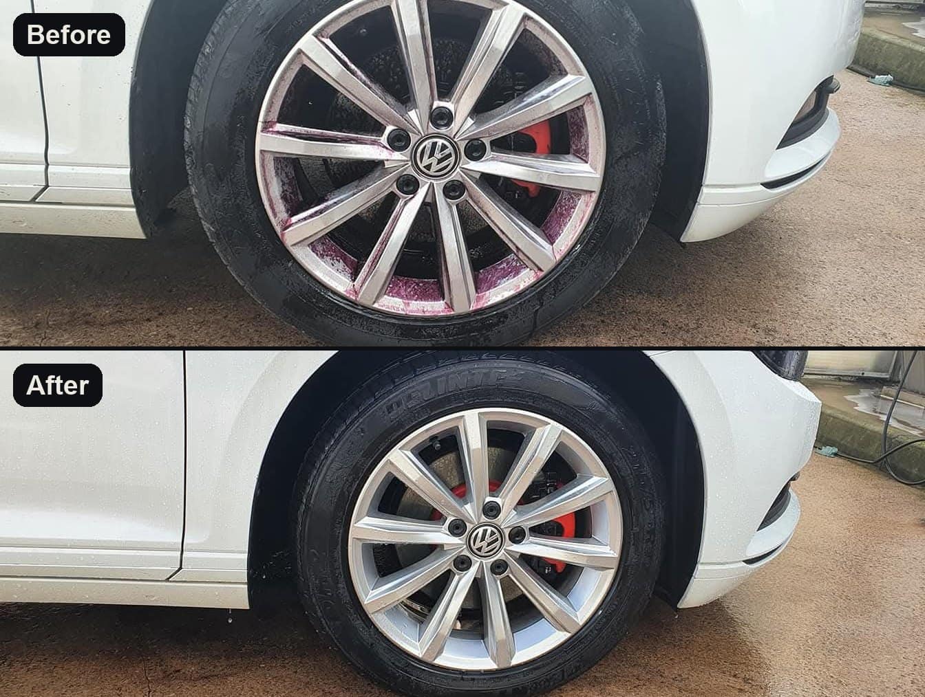 A Volkswagen alloy wheel before, iron remover turning purple on the brake dust, and after, clean