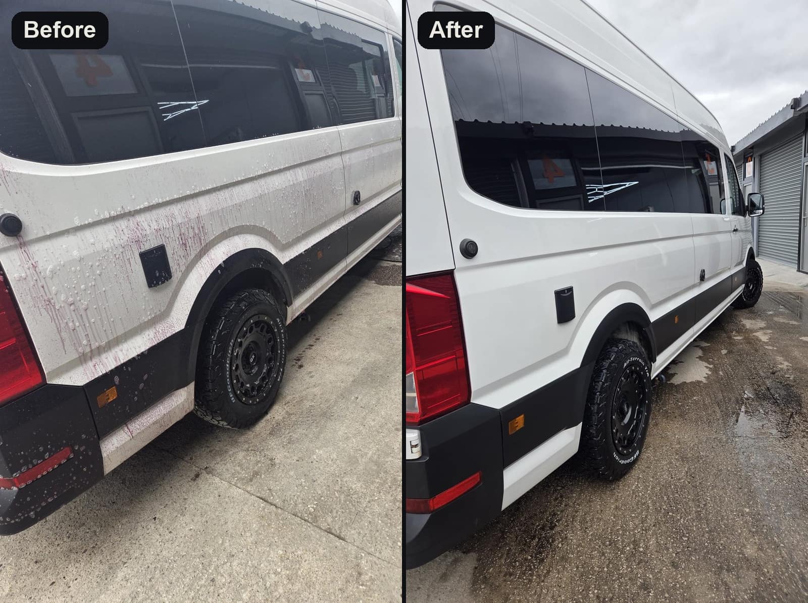 A high-roof van before and after its wash on site: grime and fallout remover on the left, clean on the right