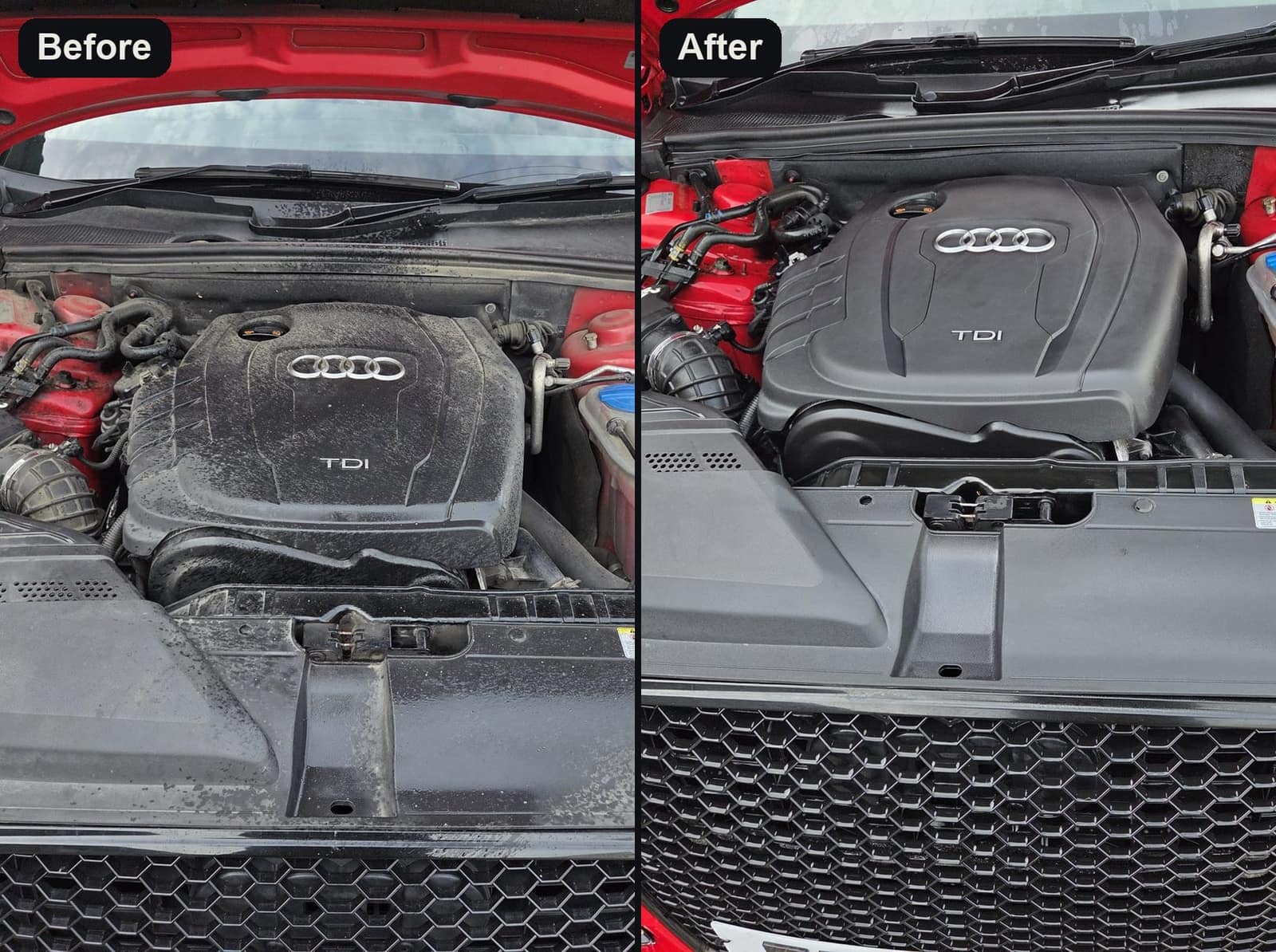 An Audi engine bay before and after cleaning: dusty on the left, clean plastics on the right