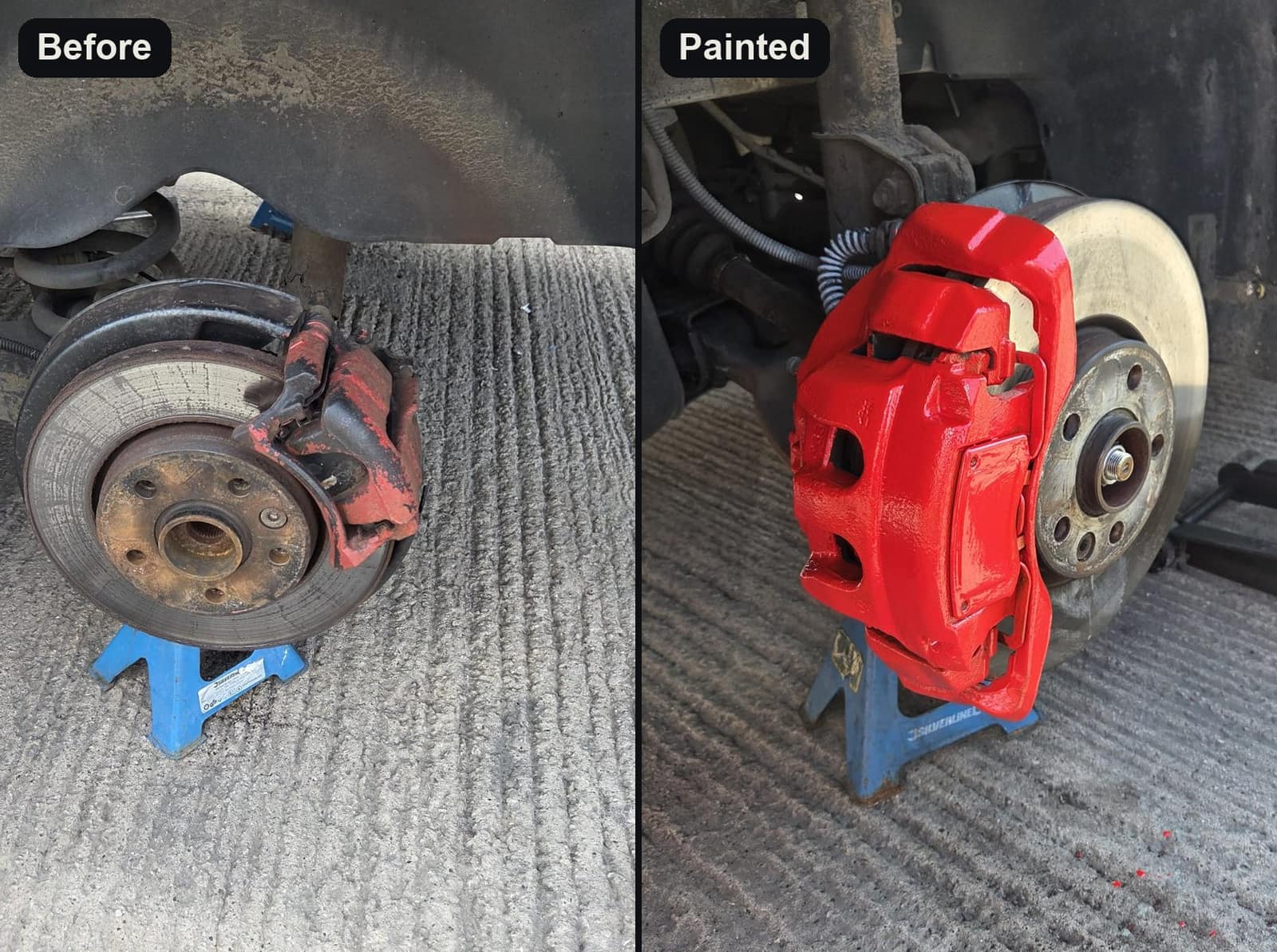 Rusty brake calipers before, and the same calipers painted red after