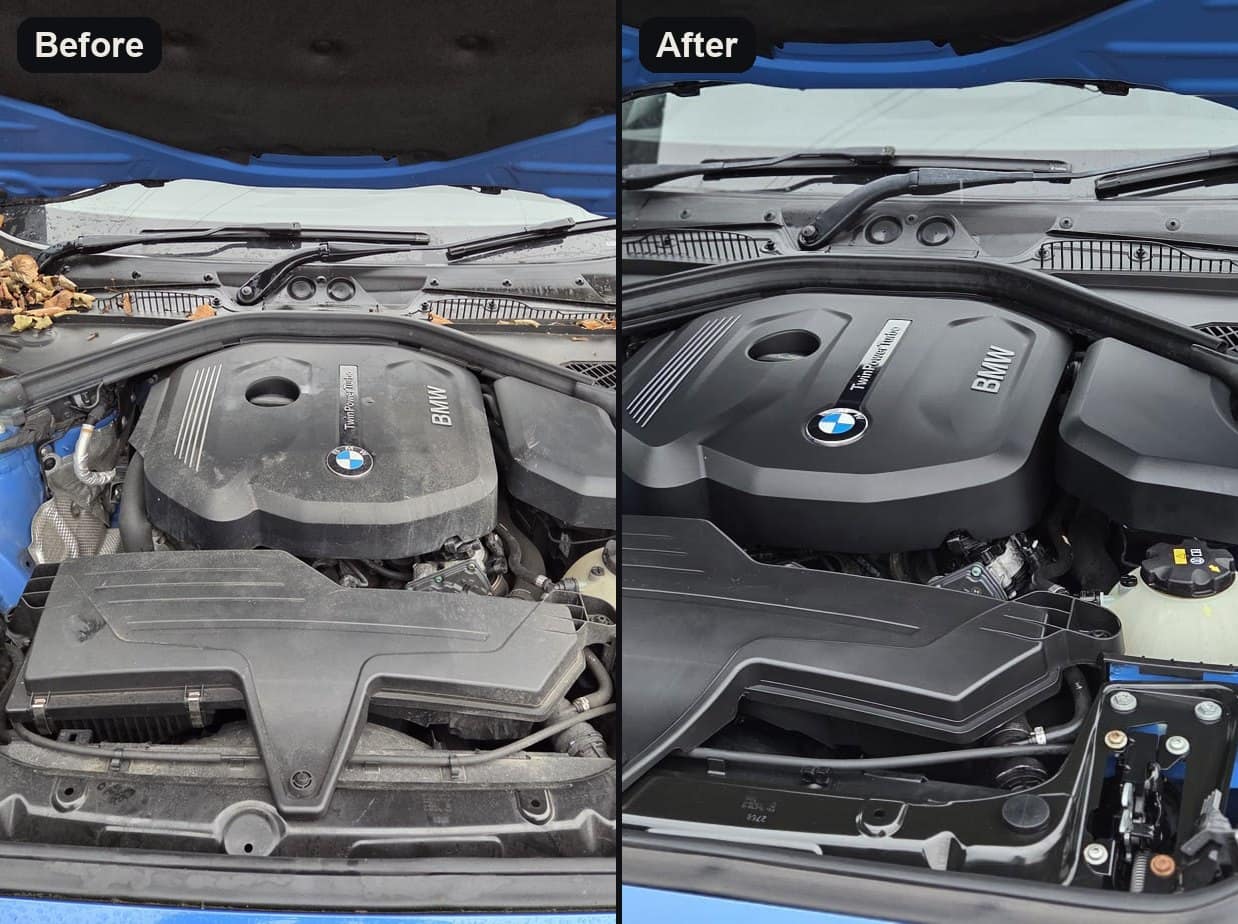 A blue BMW engine bay before and after cleaning: dusty on the left, clean on the right