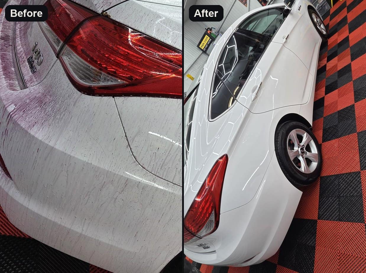 A white Hyundai i40 before, fallout remover running on the rear, and after its valet, clean in the studio