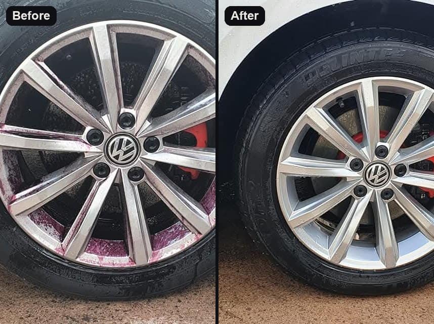 A Volkswagen alloy wheel before and after cleaning, iron remover turning purple on the brake dust on the left
