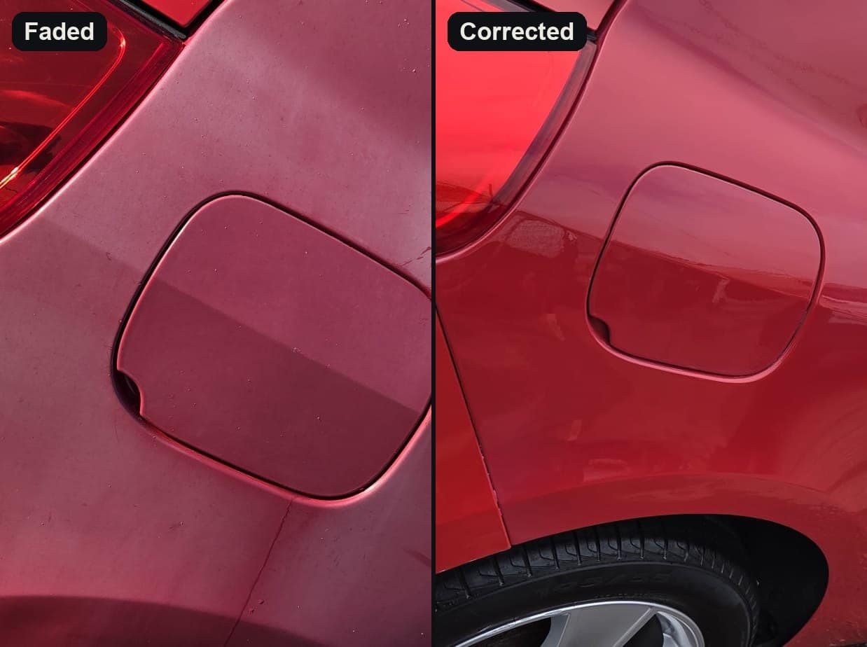 Faded, chalky red paint on a rear quarter, and the same panel corrected to a gloss