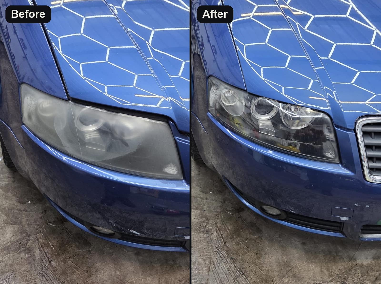An Audi headlight before and after restoration: cloudy and yellowed, then clear