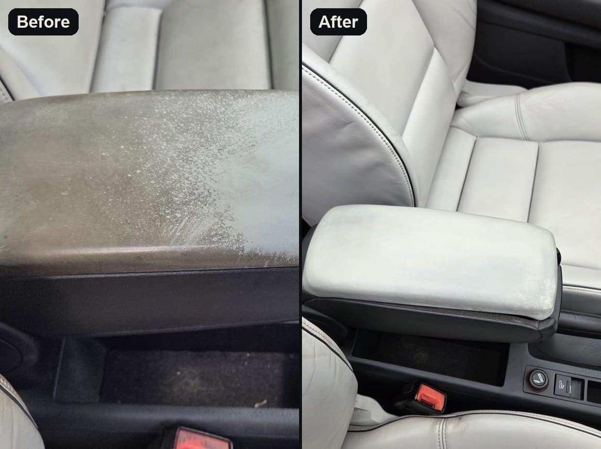 A cream leather armrest before and after cleaning: grey grime on the left, clean on the right