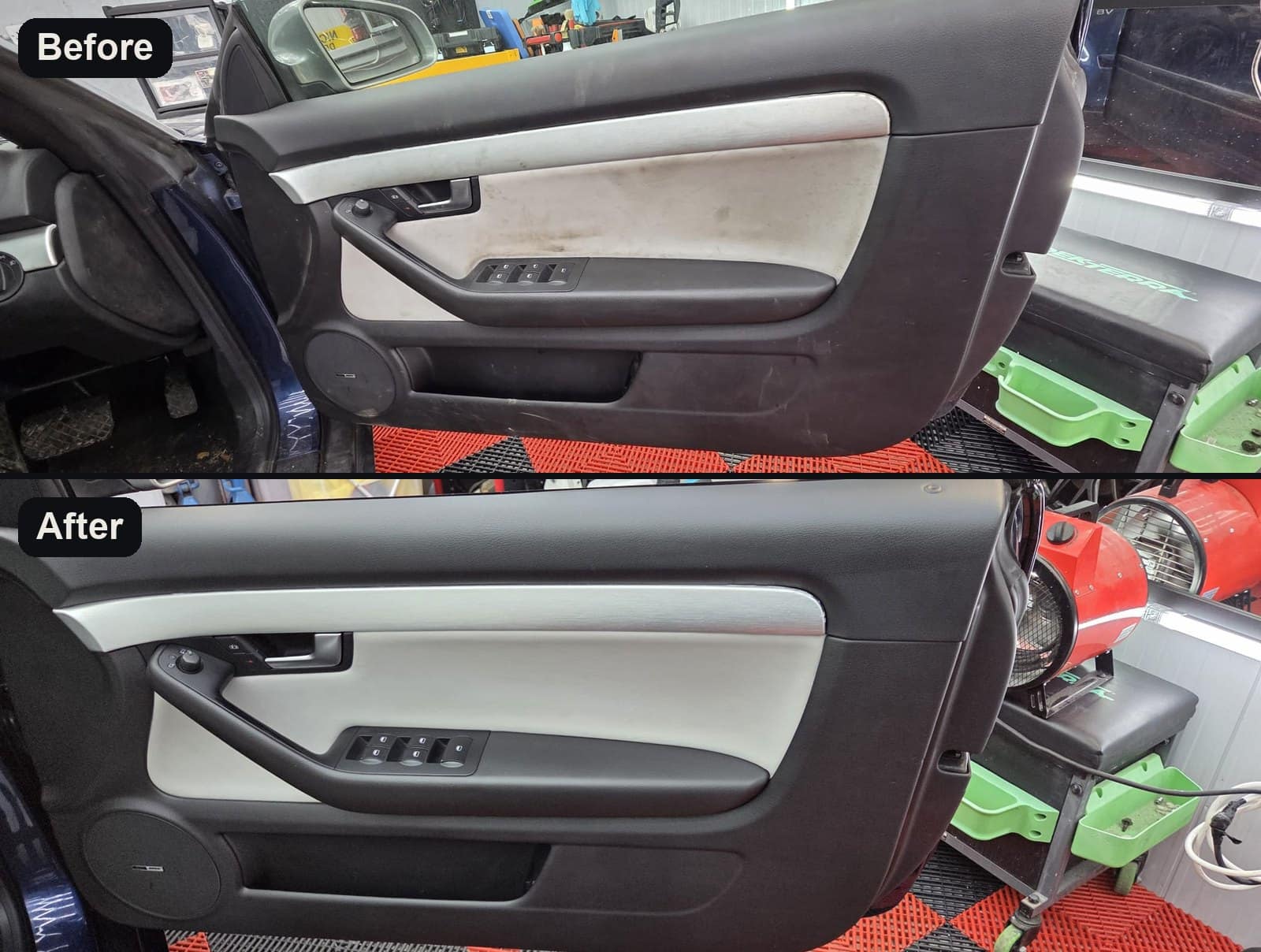 An Audi door card before and after cleaning: grimy grey on top, clean below