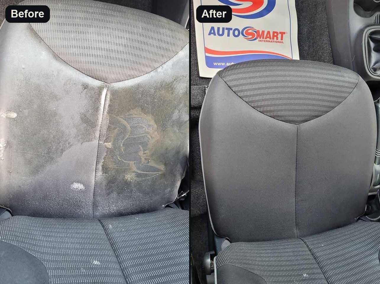 A fabric car seat before and after cleaning: stained and marked on the left, clean on the right