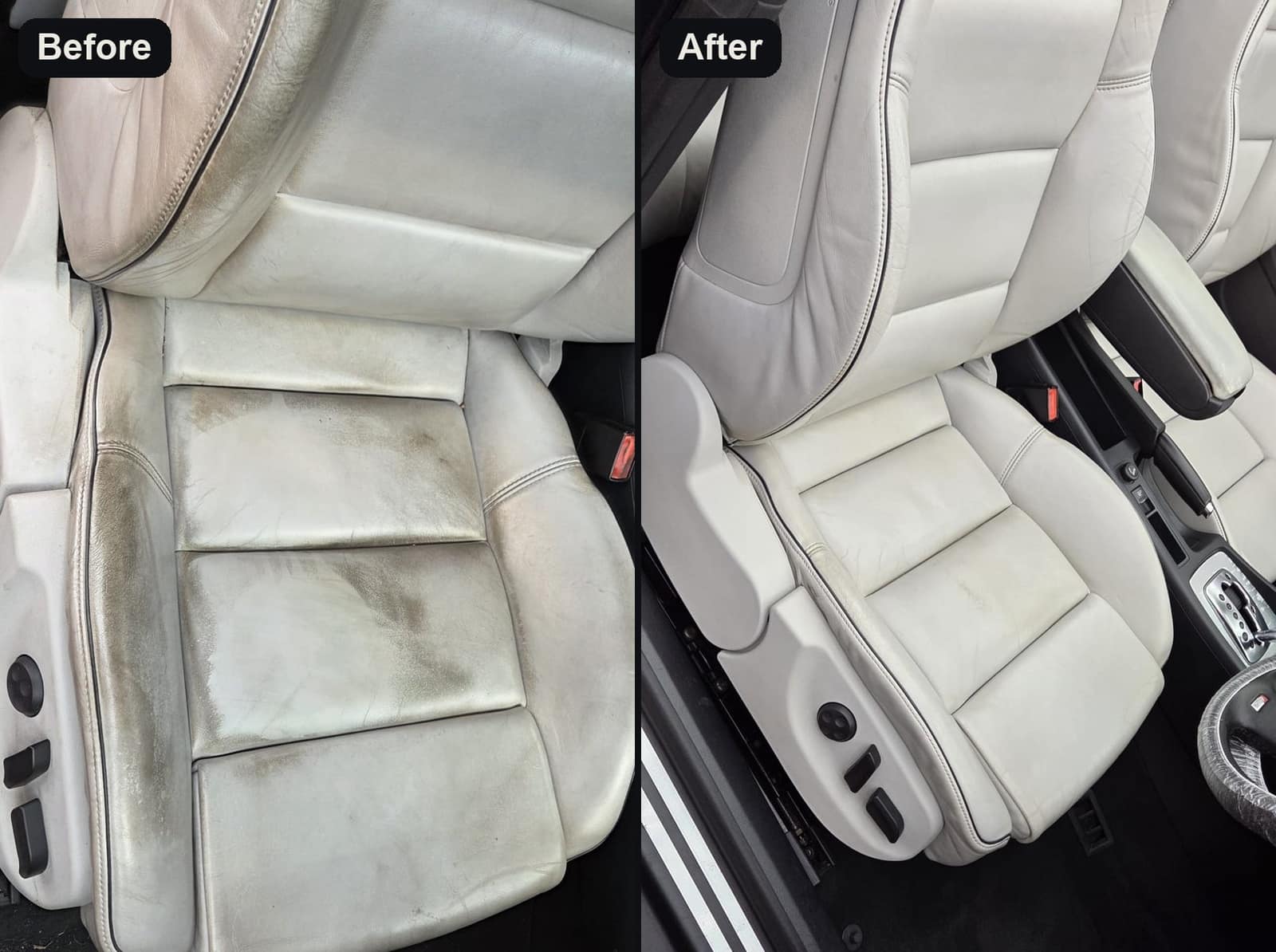 A cream leather seat before and after cleaning: stained on the left, clean on the right
