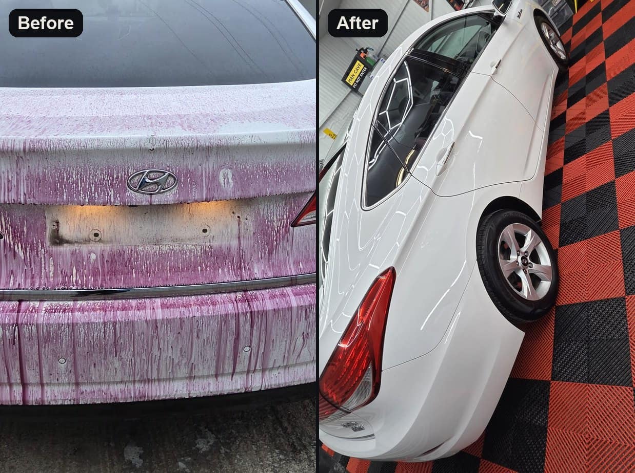 A white Hyundai i40 before, fallout remover running on the paint, and after its valet in the studio