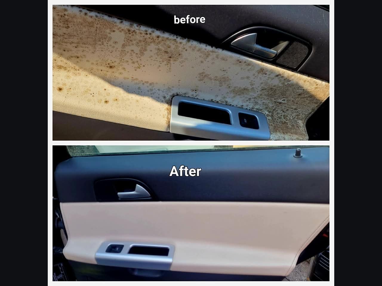 A cream door card spotted with mould before treatment, and the same door card clean after