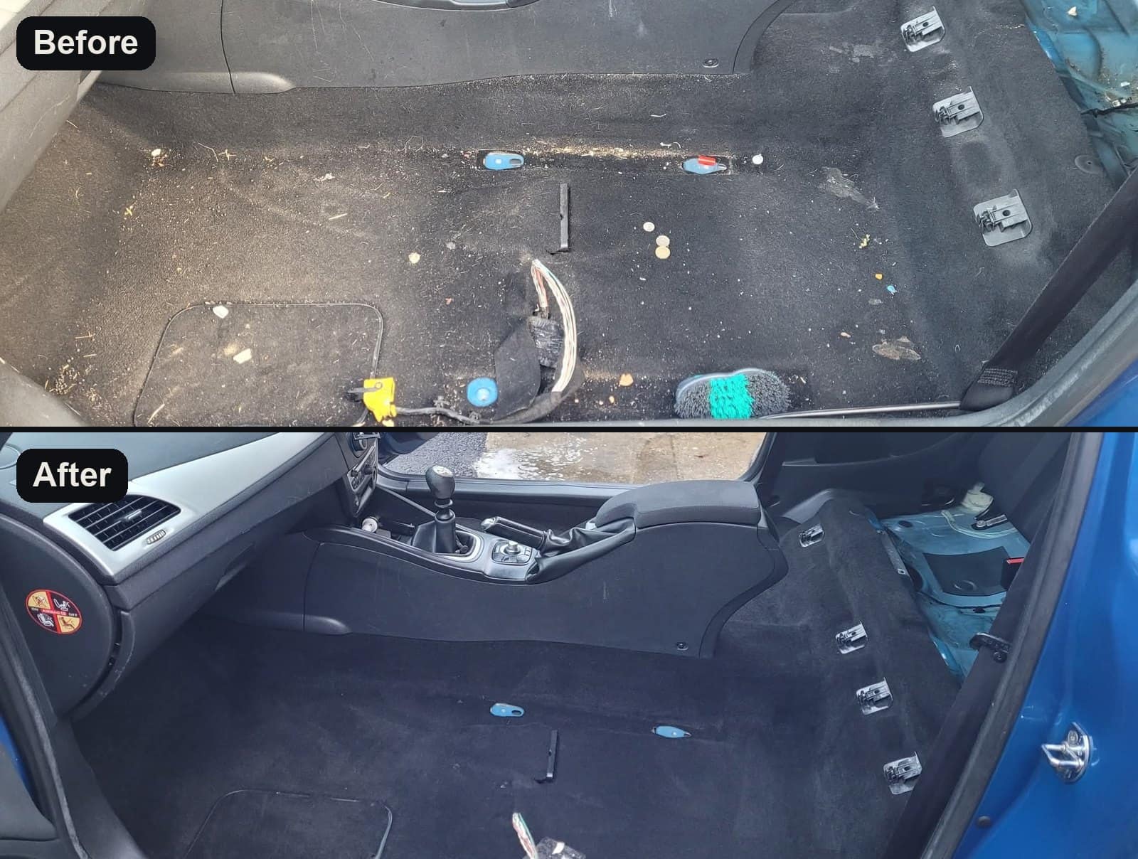 A car floor with the seats out, dirty and littered before, and cleaned after