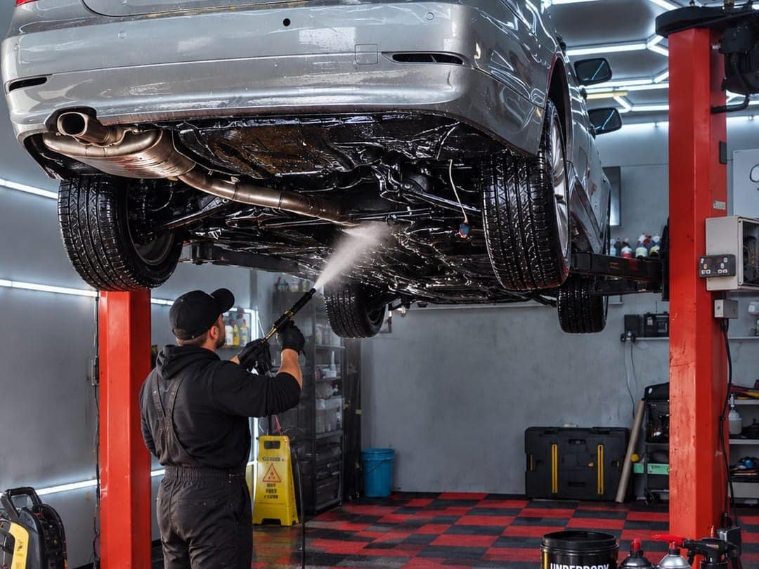 The underside of a silver BMW being washed with a pressure washer in the studio