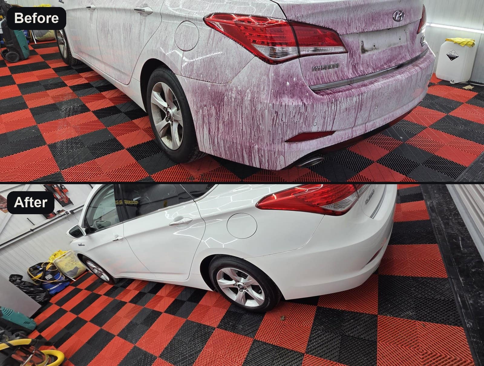 A white Hyundai i40 before, iron fallout remover running purple on the paint, and after its valet, clean and glossy in the studio