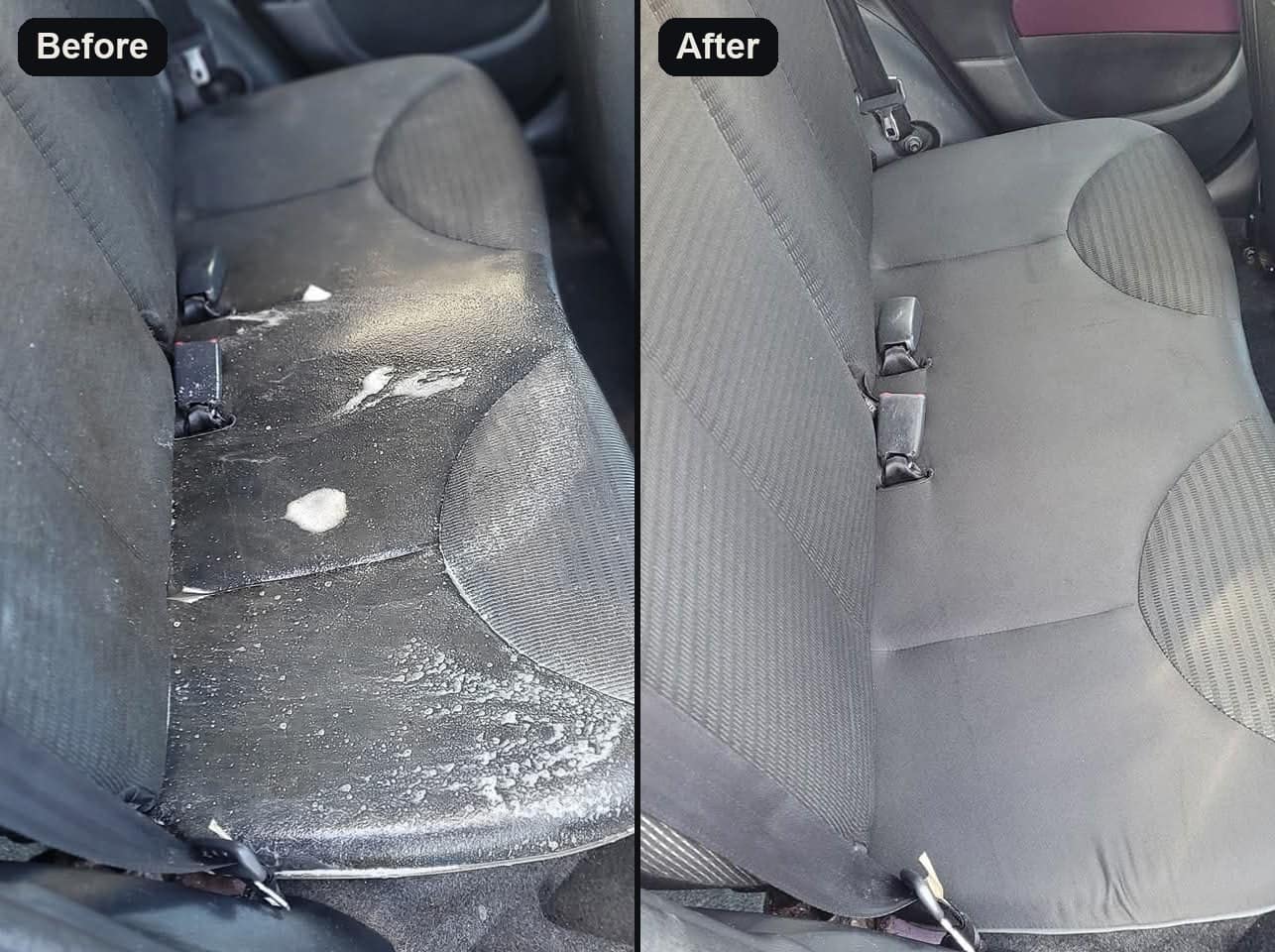 A fabric rear bench before and after a full valet: stained and dirty on the left, clean on the right