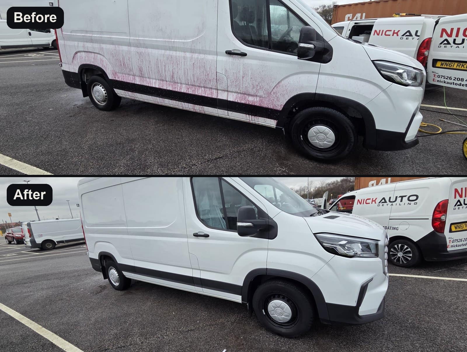 A white panel van before its wash, fallout remover running purple, and after, clean, with Nick's own van parked behind