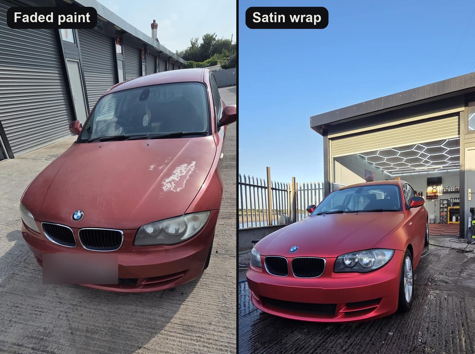 A BMW 1 Series coupé with faded red paint, then wrapped in satin red