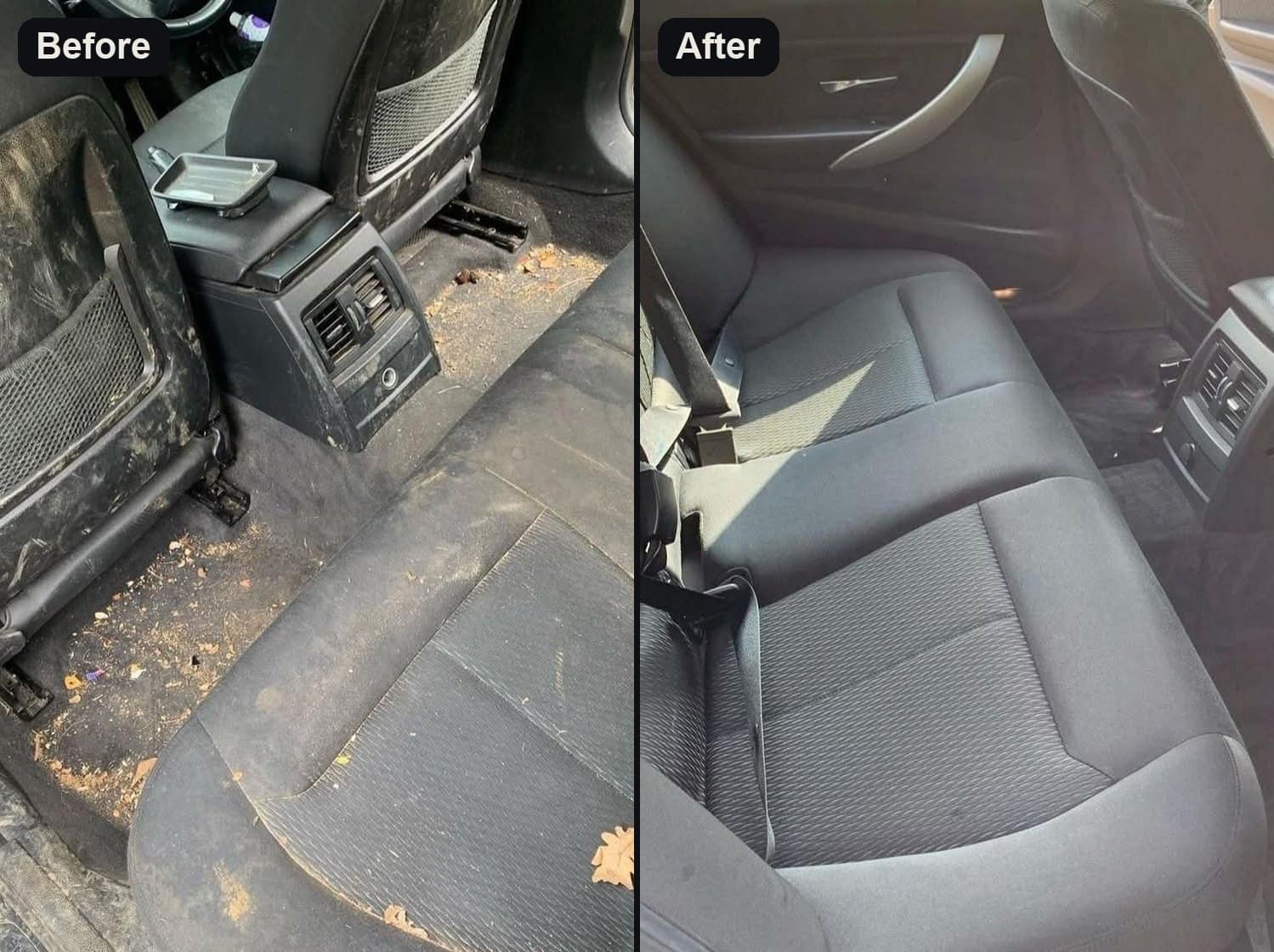 A BMW rear footwell and seats before and after cleaning