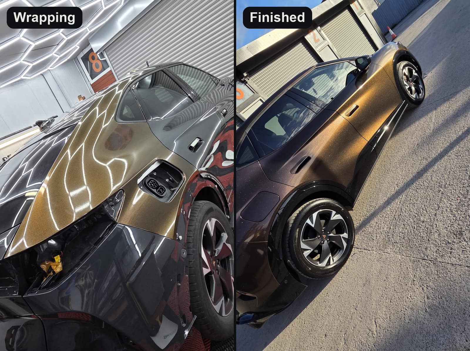 A Cupra Born being wrapped in bronze film, and the finished car