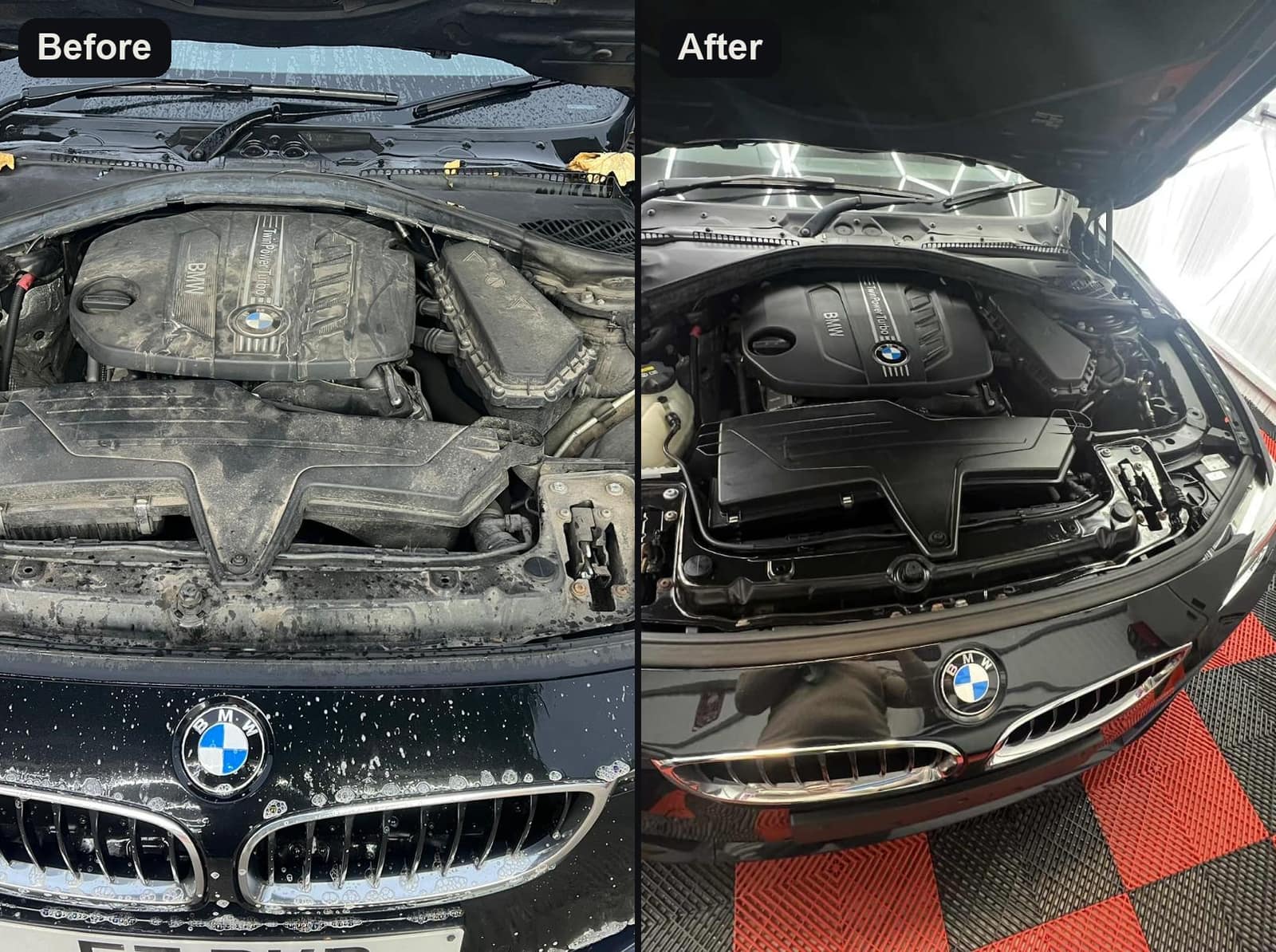 A black BMW engine bay before and after cleaning