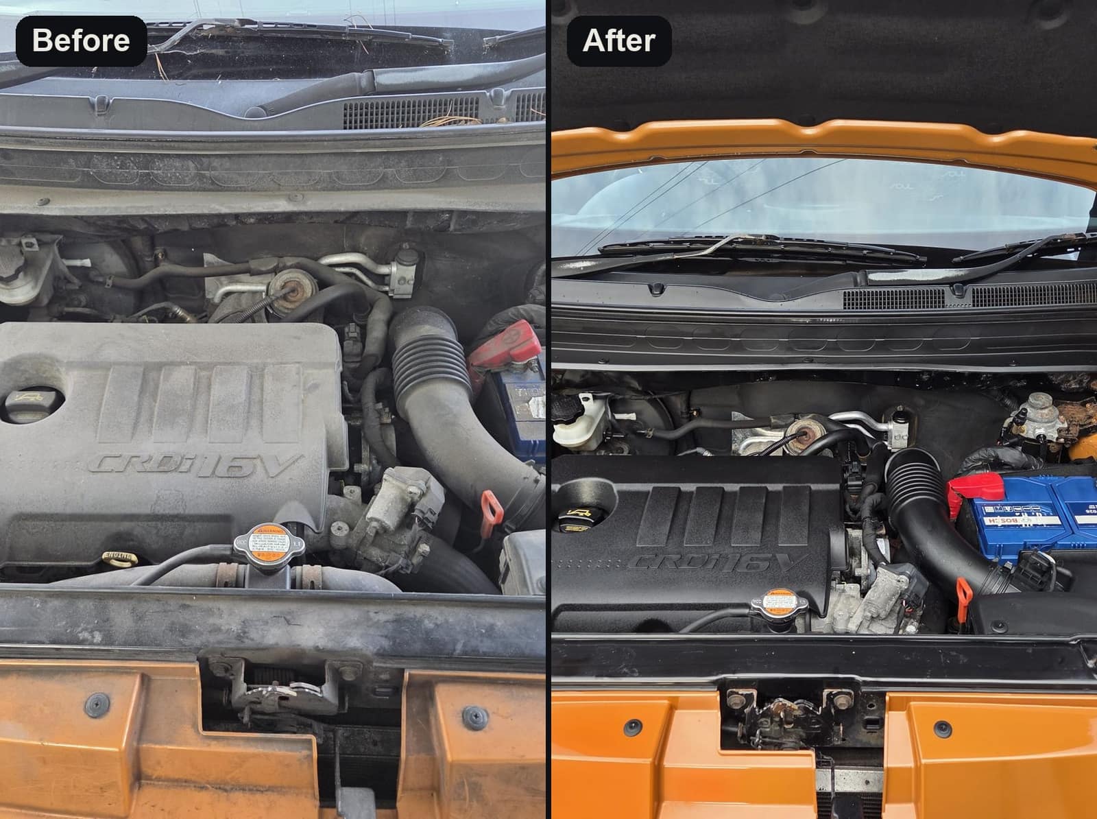 An orange car's engine bay before and after cleaning