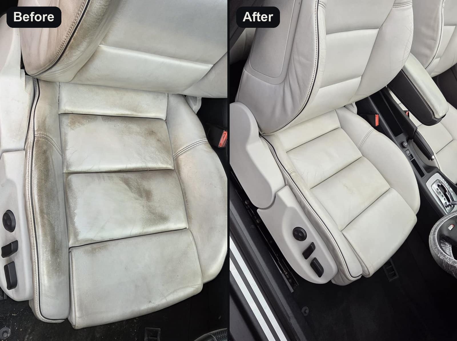 A cream leather seat before and after cleaning