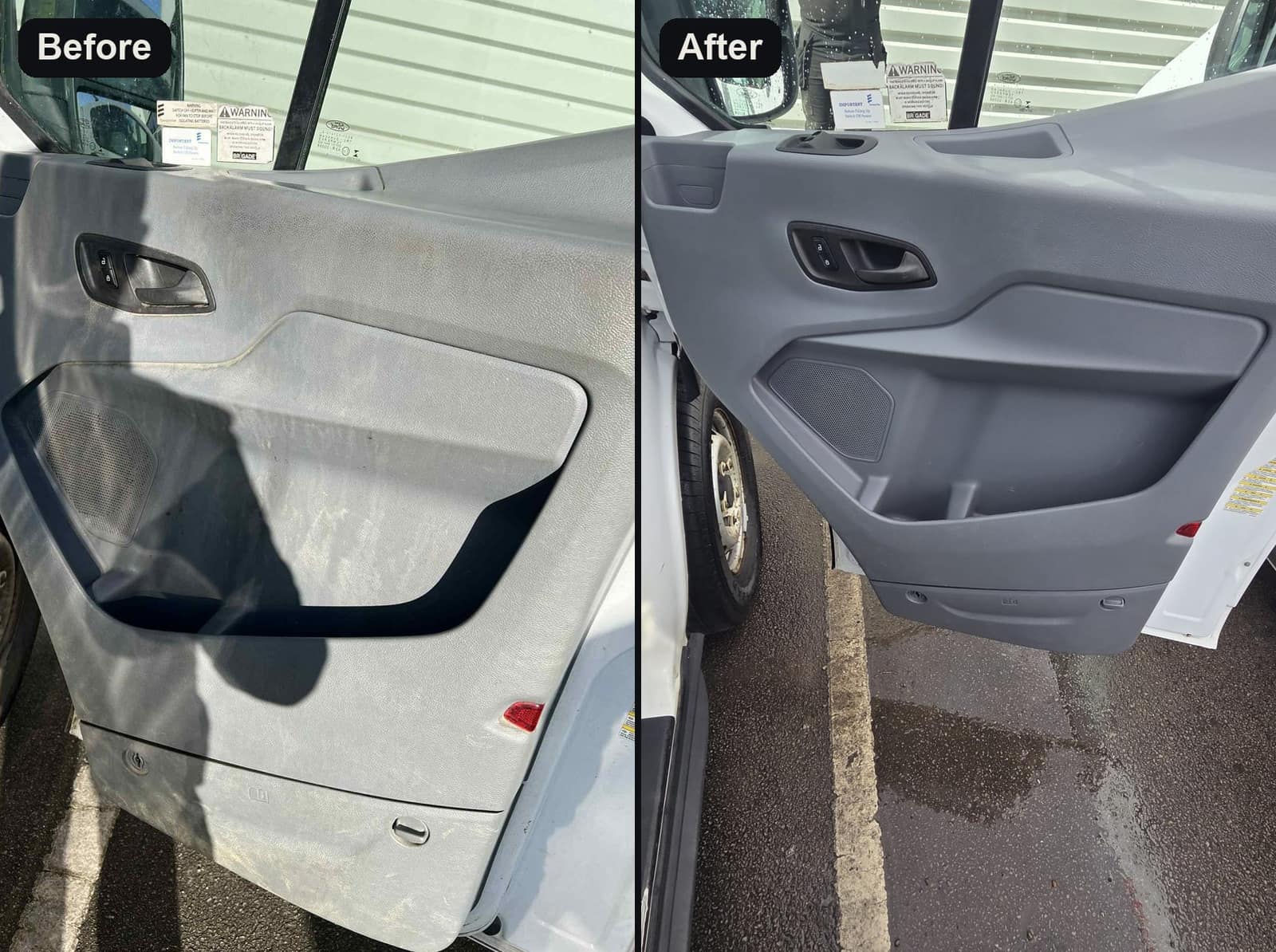 A van door card before and after cleaning