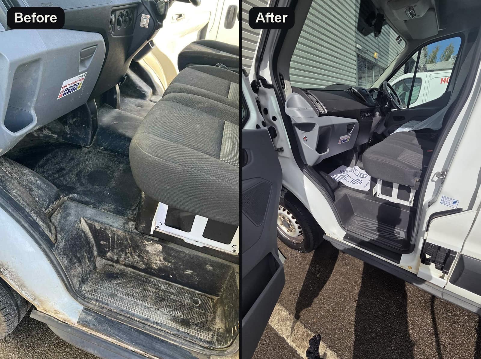 A van cab floor before and after cleaning: mud and grime on the left, clean on the right