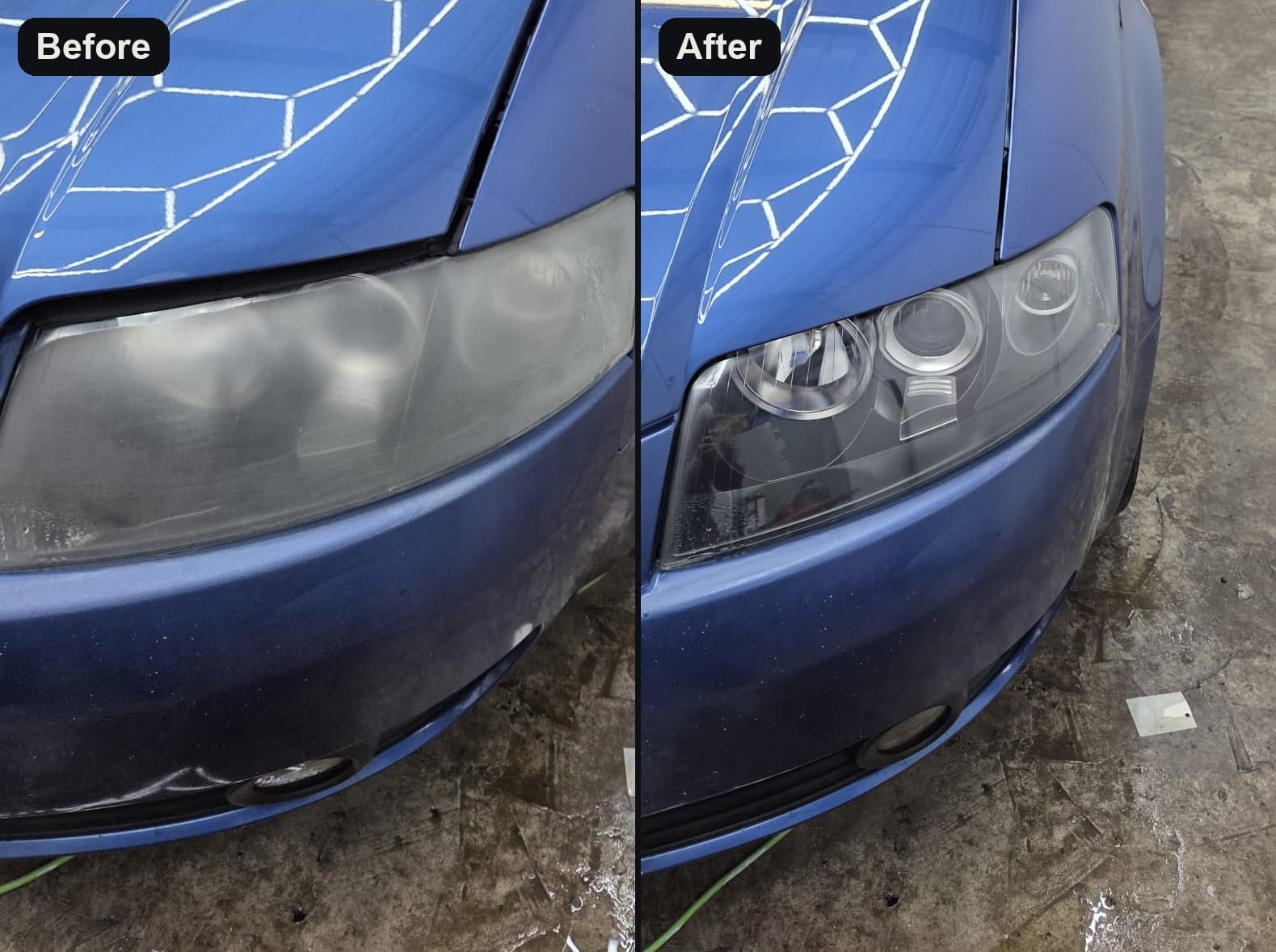 An Audi headlight before and after restoration: cloudy and yellow on the left, clear on the right