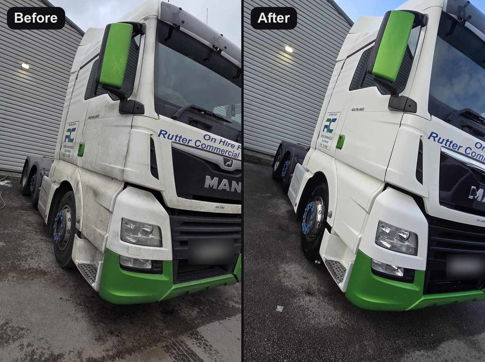 A hire company's lorry before and after a wash: road grime on the left, clean on the right